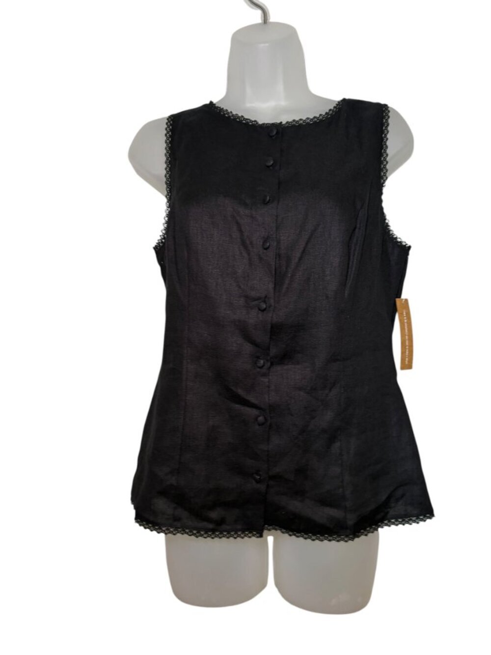 Kourt Micah Black Linen Lace Trim Button Front Top Size 8 NWT - Picture 2 of 6